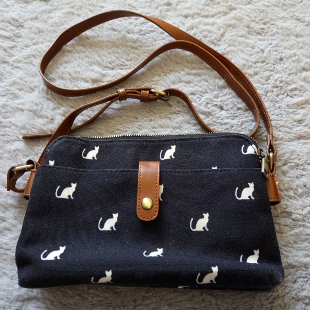Modcloth, Navy, Cat Print Crossbody Bag